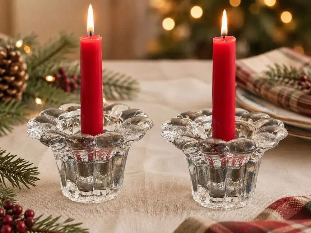 Crystal Flower Taper Candle Holders Pair Holiday Dinner Tablescape Entertaining